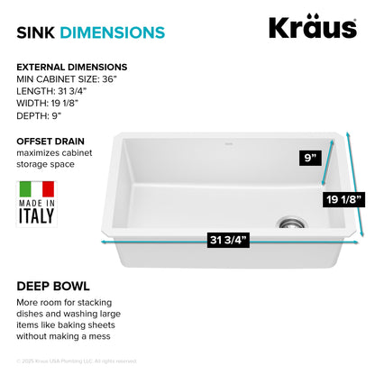 KRAUS Forteza 32” Granite Undermount Single Bowl White Kitchen Sink - KGU-55WHITE