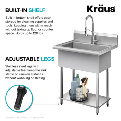 KRAUS Standart Pro 32” 18-Gauge Stainless Steel Single Bowl Commercial Style Laundry Utility Sink