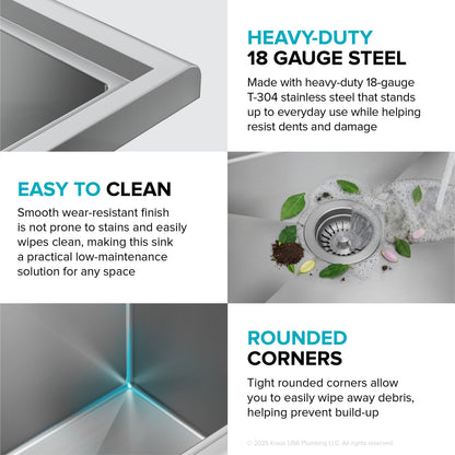 KRAUS Standart Pro 32” 18-Gauge Stainless Steel Single Bowl Commercial Style Laundry Utility Sink