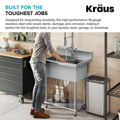 KRAUS Standart Pro 32” 18-Gauge Stainless Steel Single Bowl Commercial Style Laundry Utility Sink