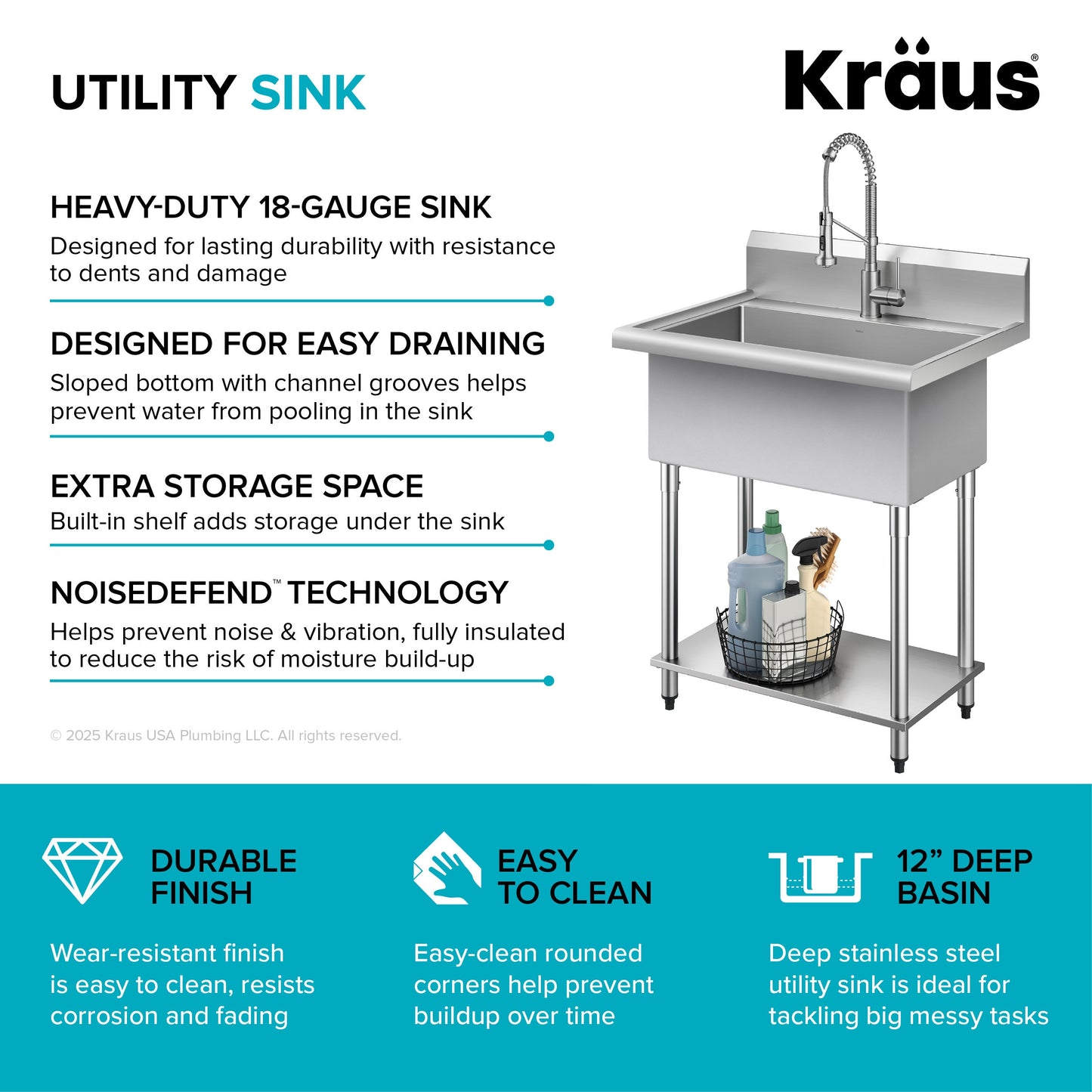 KRAUS Standart Pro 32” 18-Gauge Stainless Steel Single Bowl Commercial Style Laundry Utility Sink