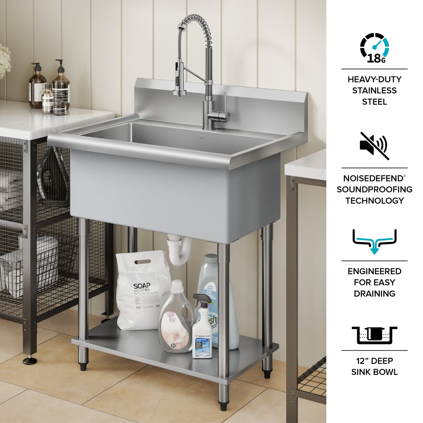 KRAUS Standart Pro 32” 18-Gauge Stainless Steel Single Bowl Commercial Style Laundry Utility Sink