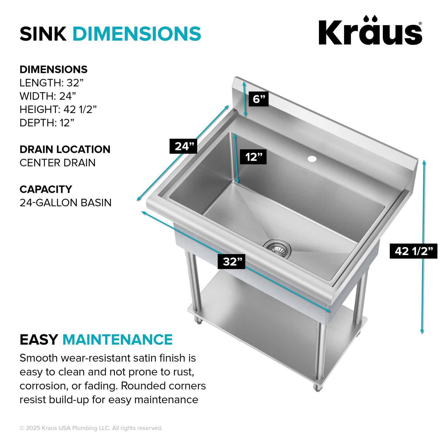 KRAUS Standart Pro 32” 18-Gauge Stainless Steel Single Bowl Commercial Style Laundry Utility Sink
