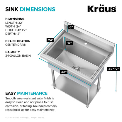 KRAUS Standart Pro 32” 18-Gauge Stainless Steel Single Bowl Commercial Style Laundry Utility Sink