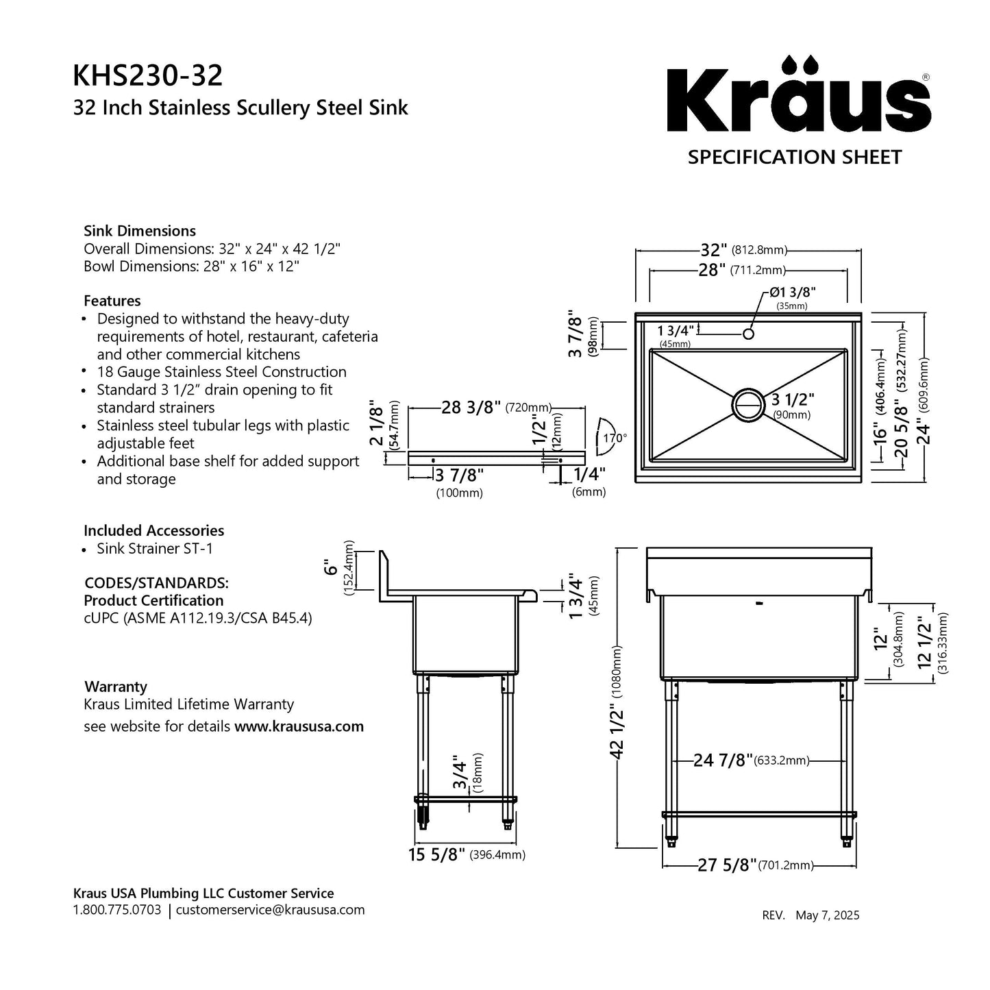 KRAUS Standart Pro 32” 18-Gauge Stainless Steel Single Bowl Commercial Style Laundry Utility Sink