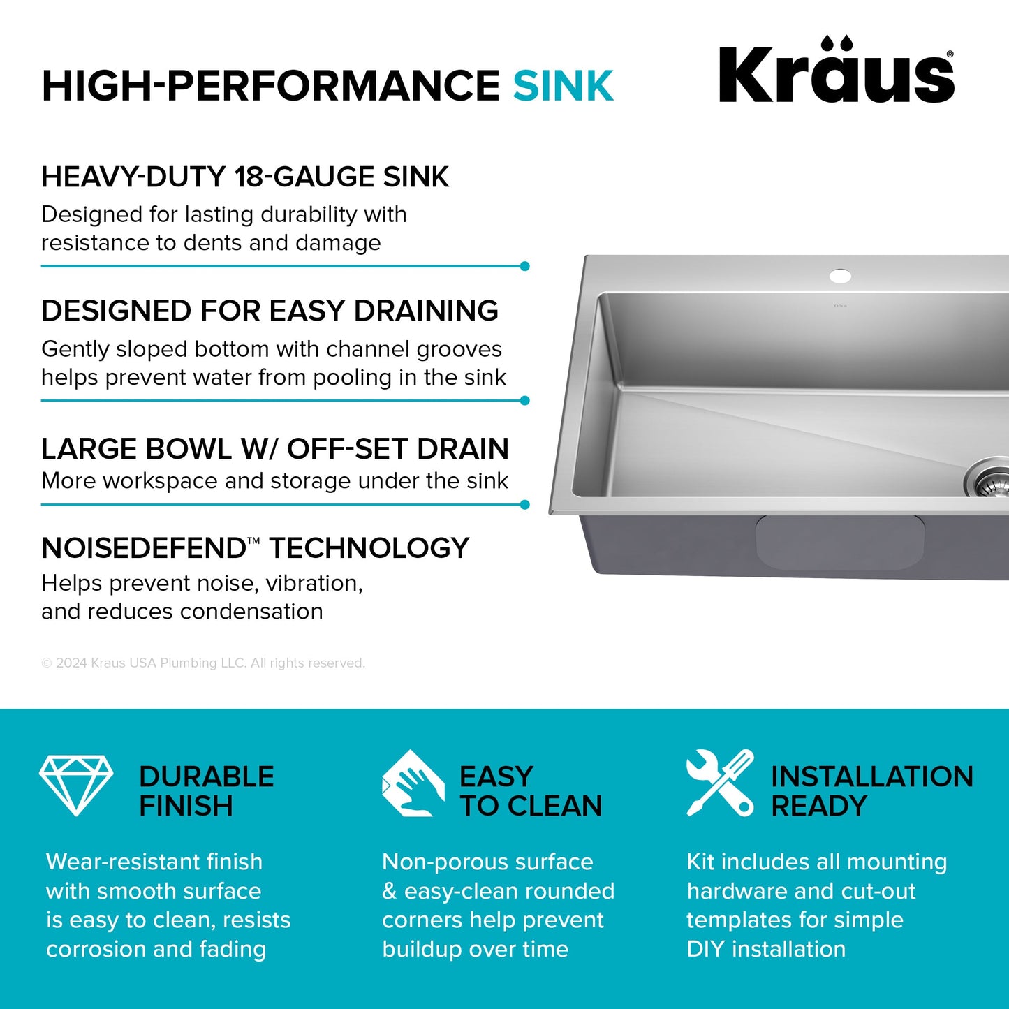 KRAUS 33” Topmount Single Bowl Stainless Steel Kitchen Sink - KHT640-33