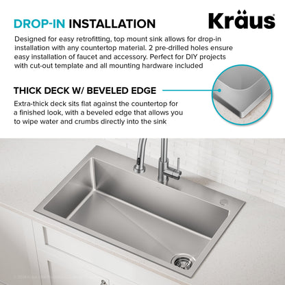 KRAUS 33” Topmount Single Bowl Stainless Steel Kitchen Sink - KHT640-33