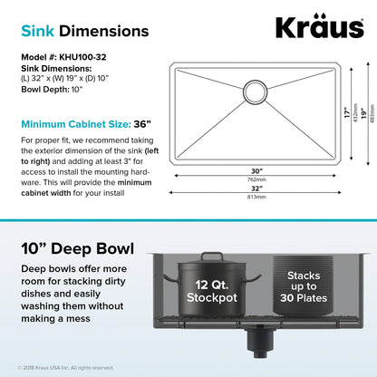 KRAUS 32" Undermount 16 Gauge Single Bowl Stainless Steel Small Radius Kitchen Sink - KHU100-32
