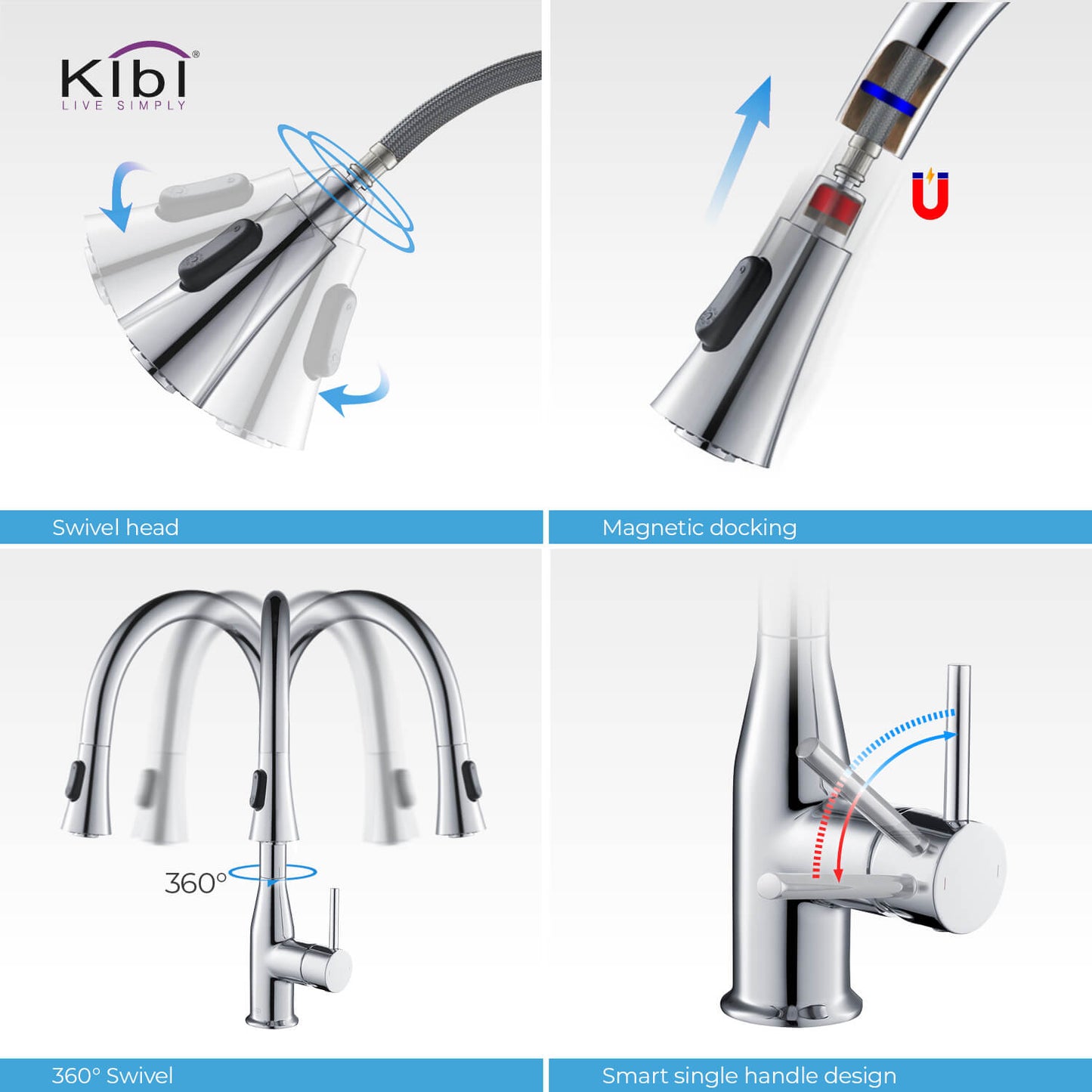 KIBI Napa Single Handle High Arc Pull Down Kitchen Faucet With Soap Dispenser in Chrome Finish - C-KKF2005CH-KSD100CH