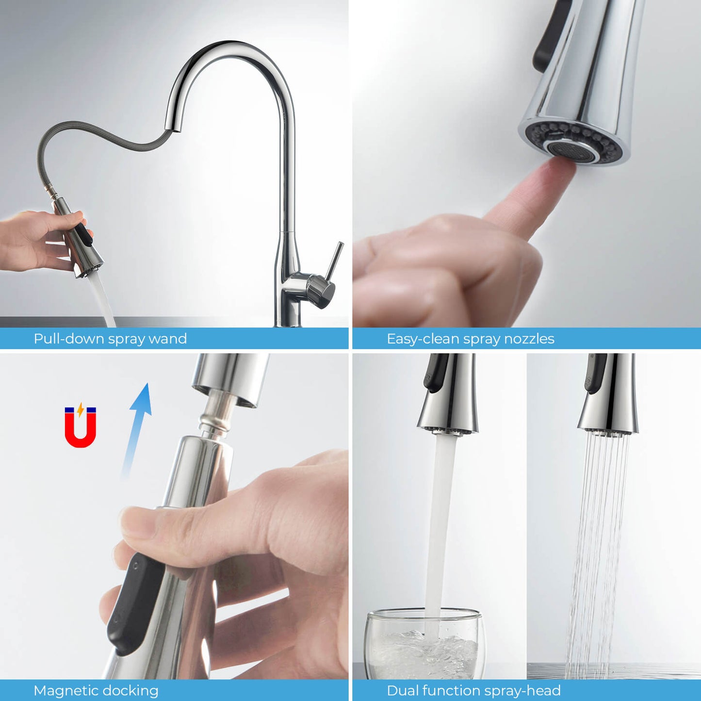 KIBI Napa Single Handle High Arc Pull Down Kitchen Faucet With Soap Dispenser in Chrome Finish - C-KKF2005CH-KSD100CH