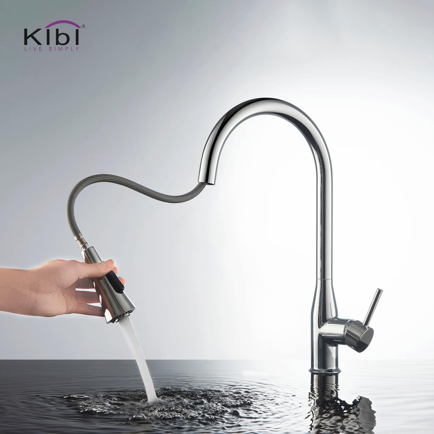 KIBI Napa Single Handle High Arc Pull Down Kitchen Faucet With Soap Dispenser in Chrome Finish - C-KKF2005CH-KSD100CH