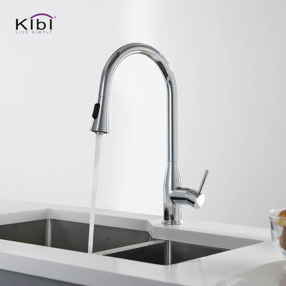 KIBI Napa Single Handle High Arc Pull Down Kitchen Faucet With Soap Dispenser in Chrome Finish - C-KKF2005CH-KSD100CH