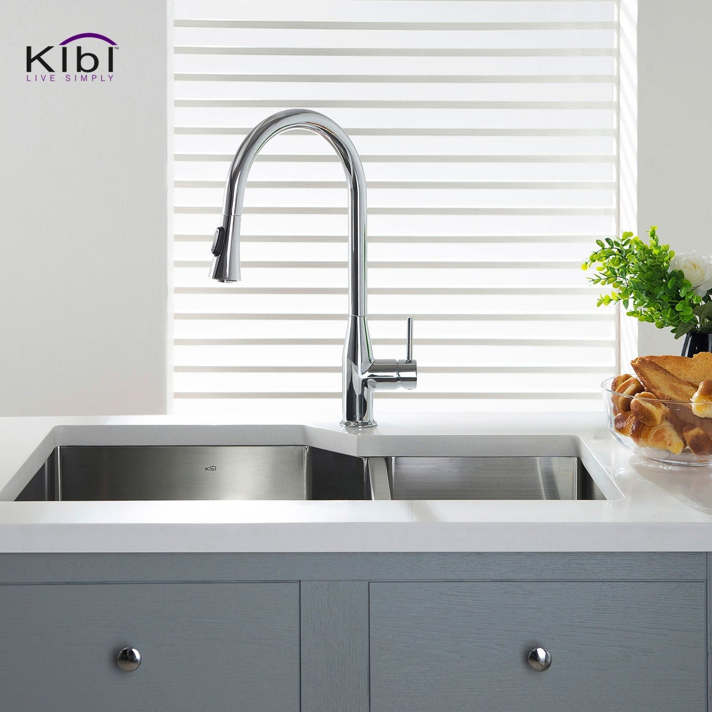 KIBI Napa Single Handle High Arc Pull Down Kitchen Faucet With Soap Dispenser in Chrome Finish - C-KKF2005CH-KSD100CH