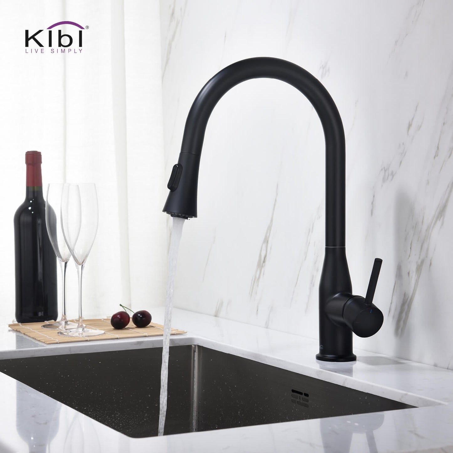 KIBI Napa Single Handle High Arc Pull Down Kitchen Faucet With Soap Dispenser in Matte Black Finish - C-KKF2005MB-KSD100MB