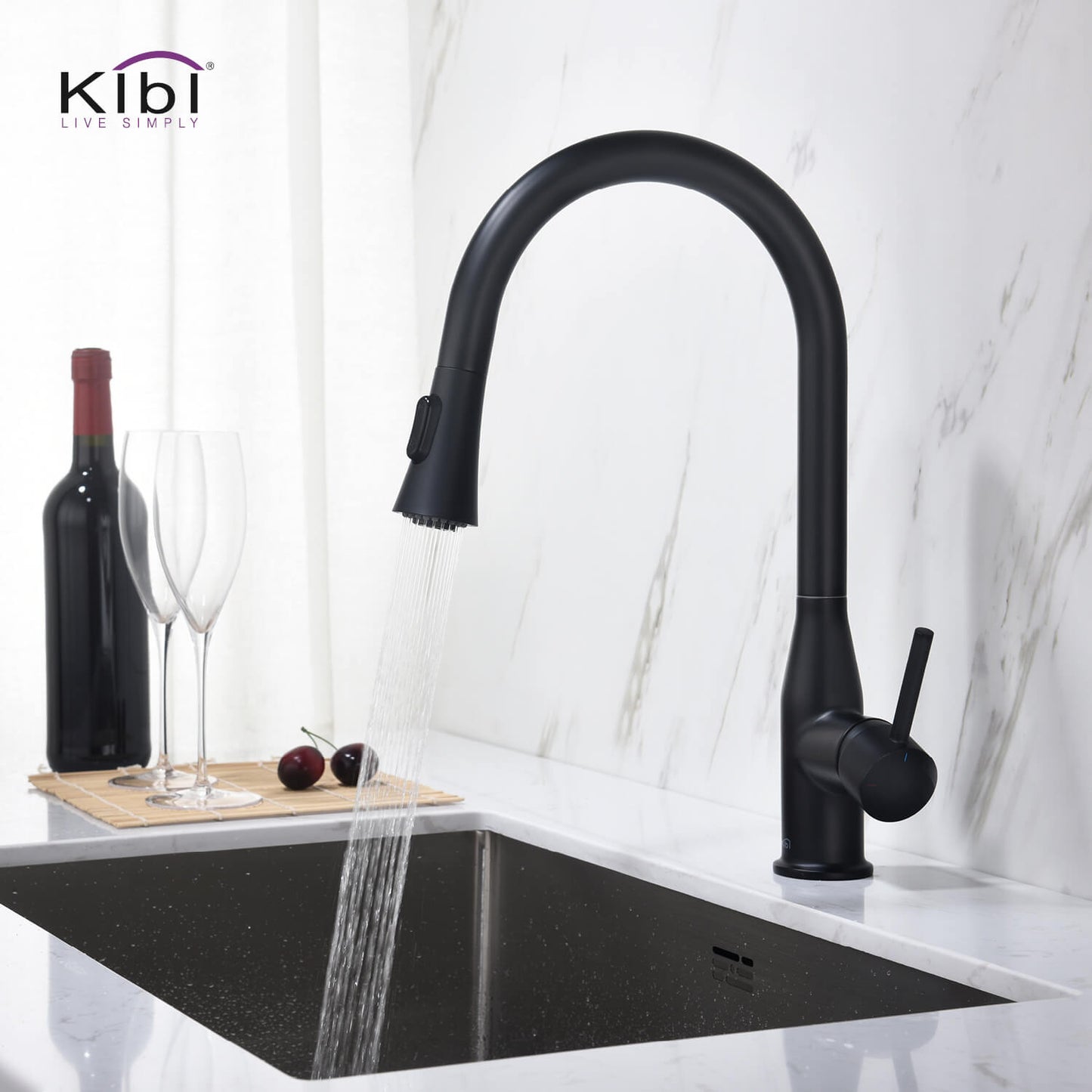 KIBI Napa Single Handle High Arc Pull Down Kitchen Faucet With Soap Dispenser in Matte Black Finish - C-KKF2005MB-KSD100MB