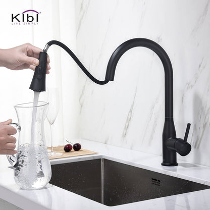 KIBI Napa Single Handle High Arc Pull Down Kitchen Faucet With Soap Dispenser in Matte Black Finish - C-KKF2005MB-KSD100MB