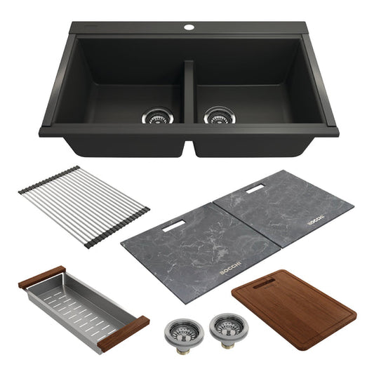 Bocchi 34" Undermount Double Bowl Composite Workstation Kitchen Sink with Covers in Matte Black - 1618-504-0126HP