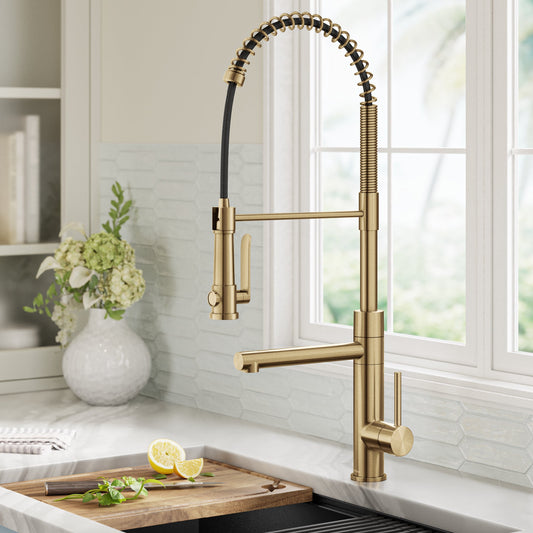 KRAUS Artec Pro 2-Function Single Handle Pull Down Kitchen Faucet in Brushed Brass - KPF-1605BB