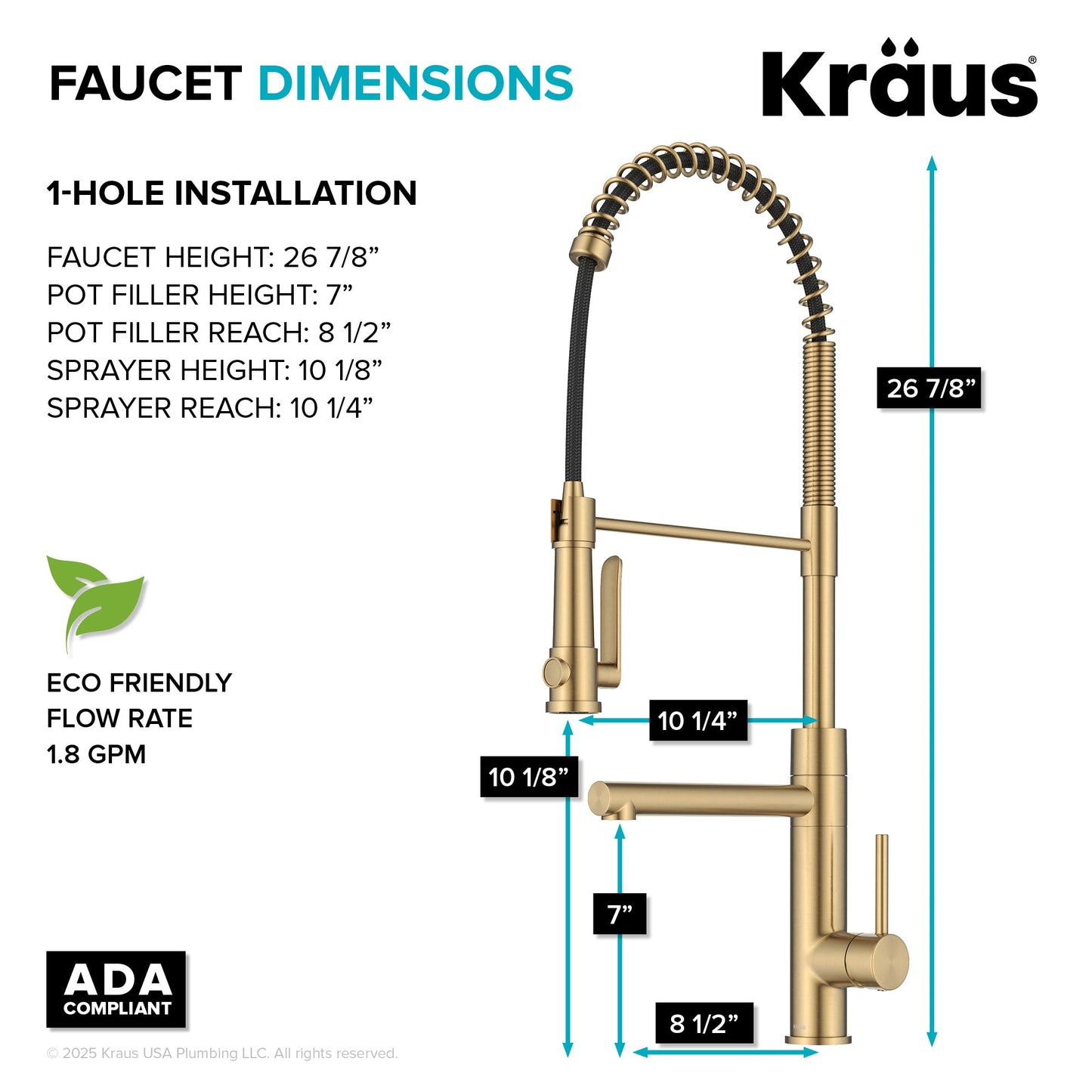 KRAUS Artec Pro 2-Function Single Handle Pull Down Kitchen Faucet in Brushed Brass - KPF-1605BB