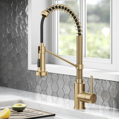 KRAUS Bolden Commercial Style Pull-Down Single Handle 18-Inch Kitchen Faucet in Brushed Brass - KPF-1610BB