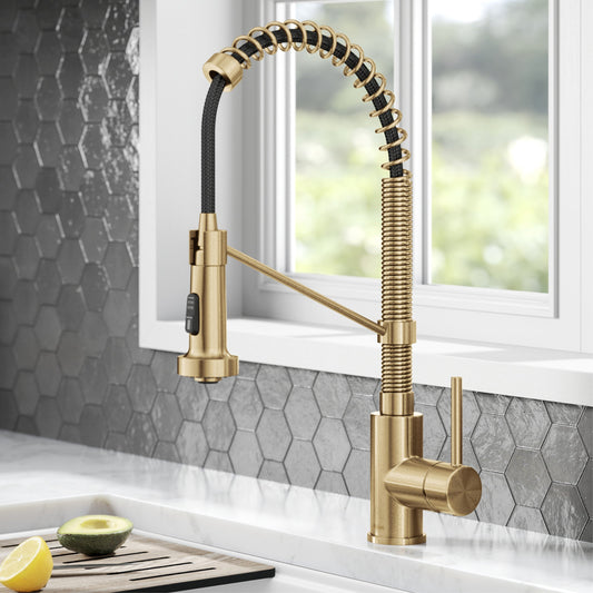 KRAUS Bolden Commercial Style Pull-Down Single Handle 18-Inch Kitchen Faucet in Brushed Brass - KPF-1610BB