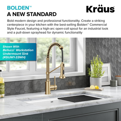 KRAUS Bolden Commercial Style Pull-Down Single Handle 18-Inch Kitchen Faucet in Brushed Brass - KPF-1610BB