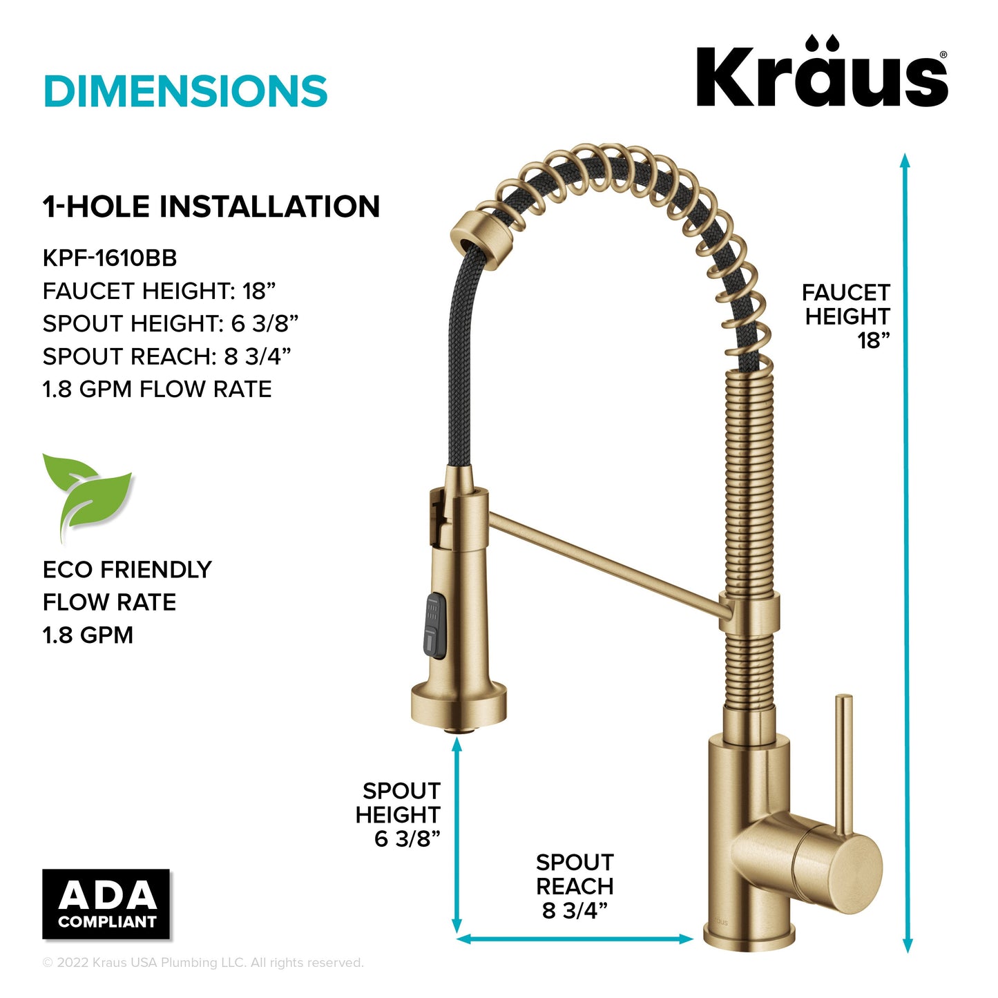 KRAUS Bolden Commercial Style Pull-Down Single Handle 18-Inch Kitchen Faucet in Brushed Brass - KPF-1610BB