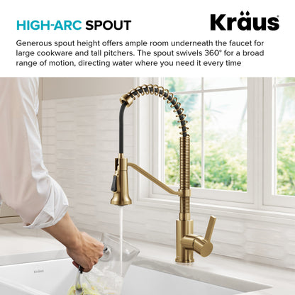 KRAUS Britt Single Handle Pull Down Kitchen Faucet in Spot-Free Brushed Brass - KPF-1693BB