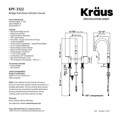 KRAUS Contemporary Bridge Kitchen Faucet with Spray-Head in Spot-Free Stainless - KPF-3122SFS