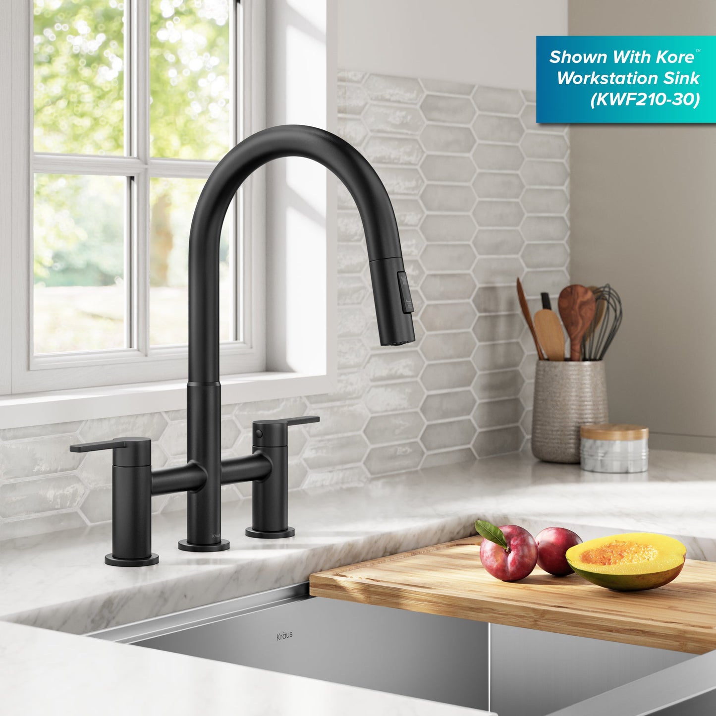KRAUS Contemporary Bridge Kitchen Faucet with Spray-Head in Matte Black- KPF-3122MB