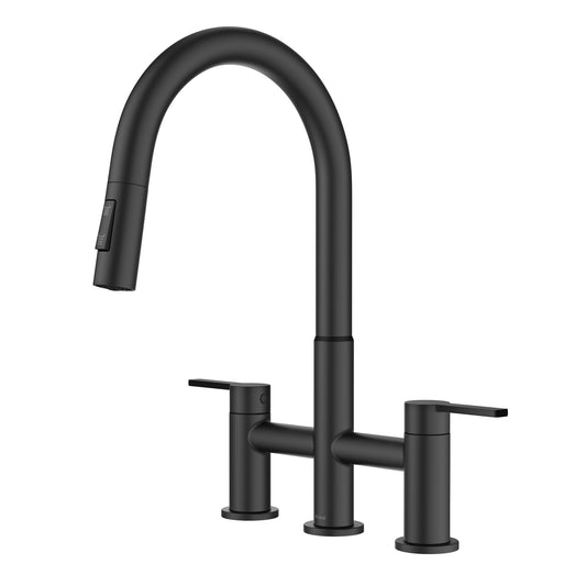 KRAUS Contemporary Bridge Kitchen Faucet with Spray-Head in Matte Black- KPF-3122MB