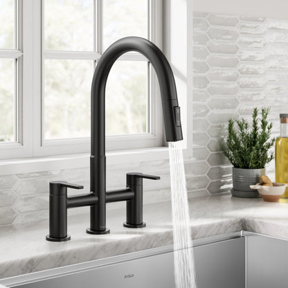 KRAUS Contemporary Bridge Kitchen Faucet with Spray-Head in Matte Black- KPF-3122MB
