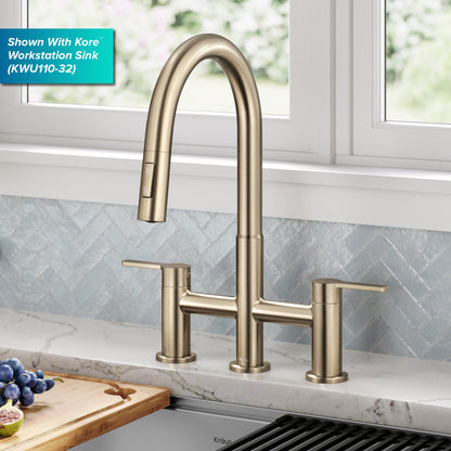 KRAUS Contemporary Bridge Kitchen Faucet with Spray-Head in Antique Bronze - KPF-3122SFACB