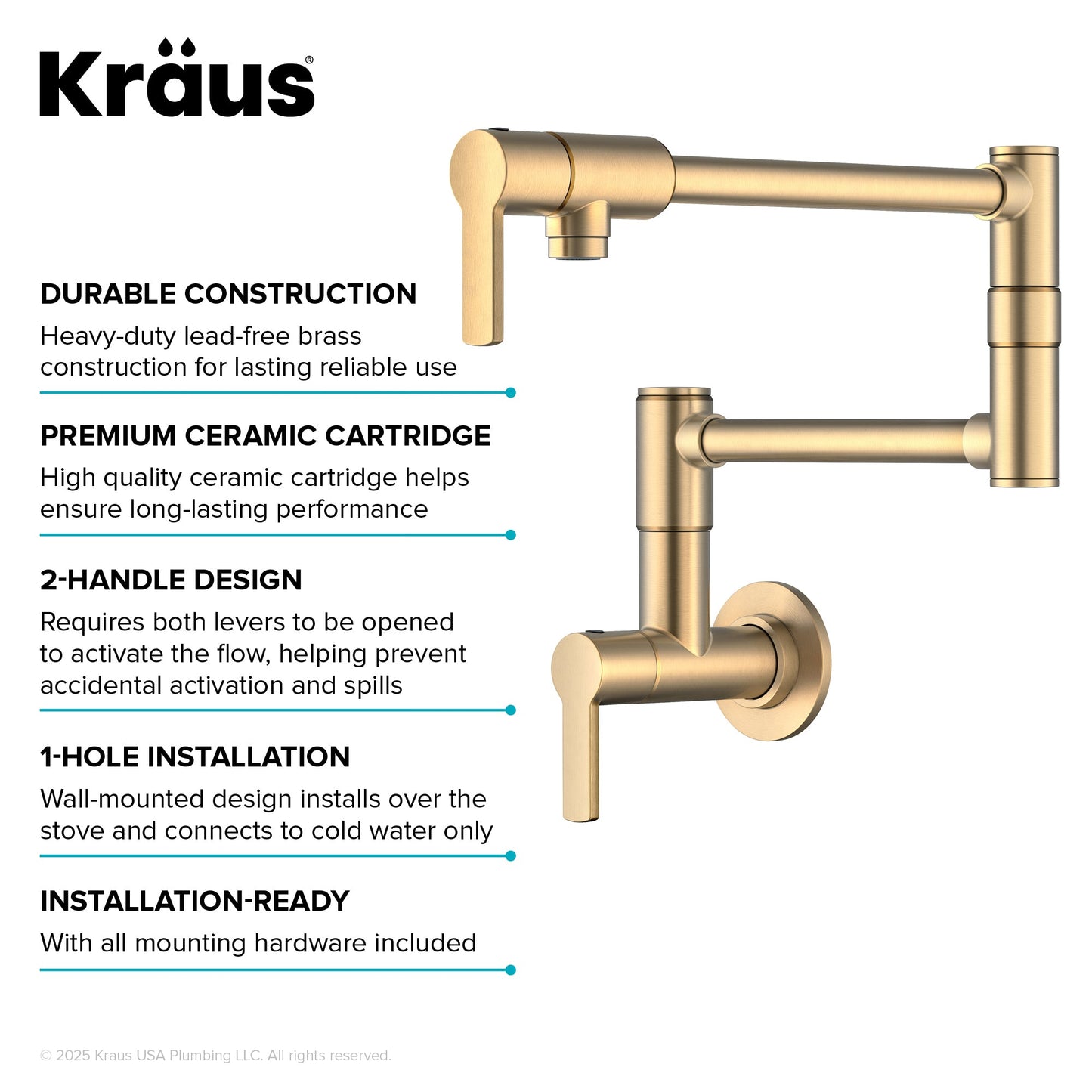 KRAUS Oletto Wall Mount Pot Filler in Brushed Brass - KPF-5001SFBB
