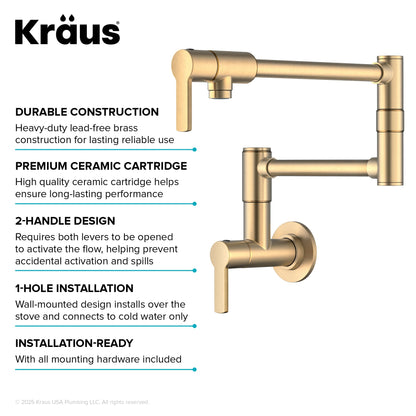 KRAUS Oletto Wall Mount Pot Filler in Brushed Brass - KPF-5001SFBB