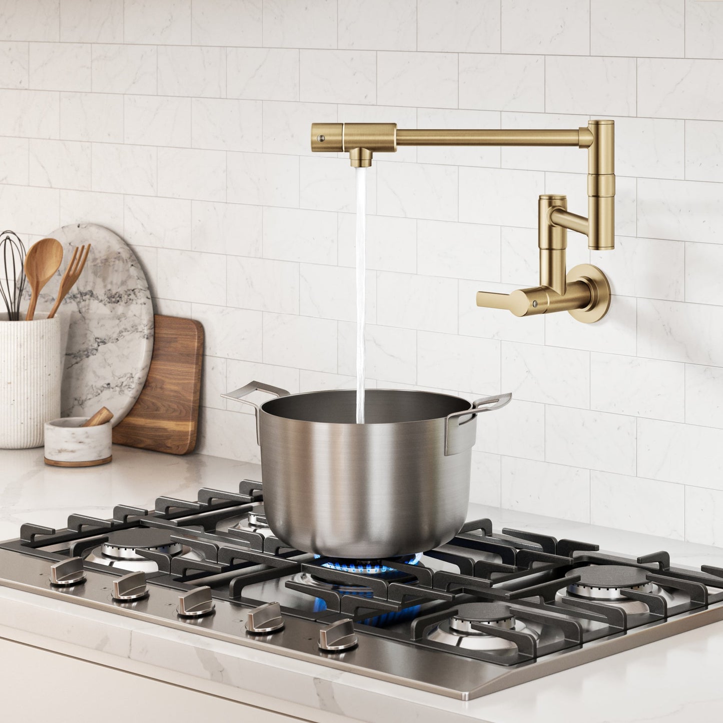 KRAUS Oletto Wall Mount Pot Filler in Brushed Brass - KPF-5001SFBB