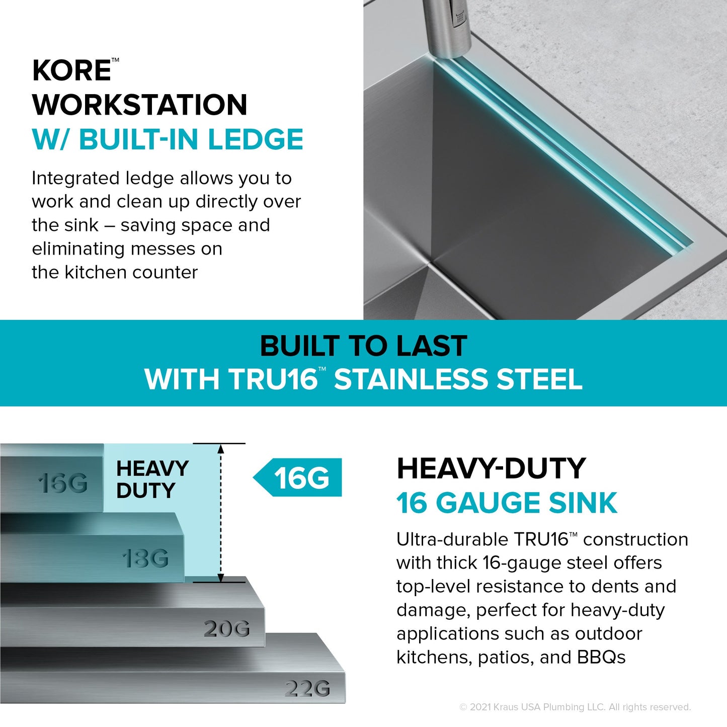KRAUS 15" x 22" Outdoor Marine Grade Workstation Drop-In T-316 Stainless Steel Bar Sink - KWT311-15-316