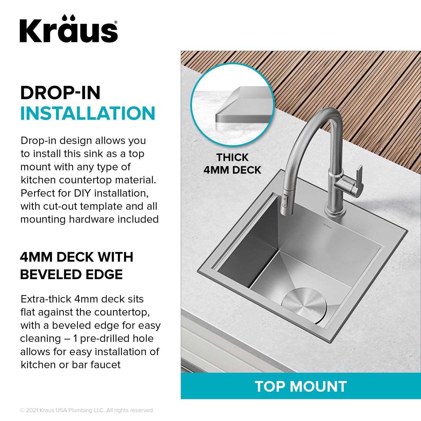 KRAUS 15"x 15" Outdoor Marine Grade Workstation Drop-In T316 Stainless Steel Bar Sink - KWT321-15-316
