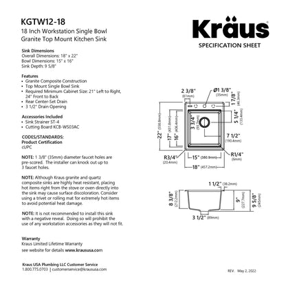 KRAUS 18” Drop-In Granite Composite Workstation Kitchen Bar Sink in Metallic Grey - KGTW12-18MGR