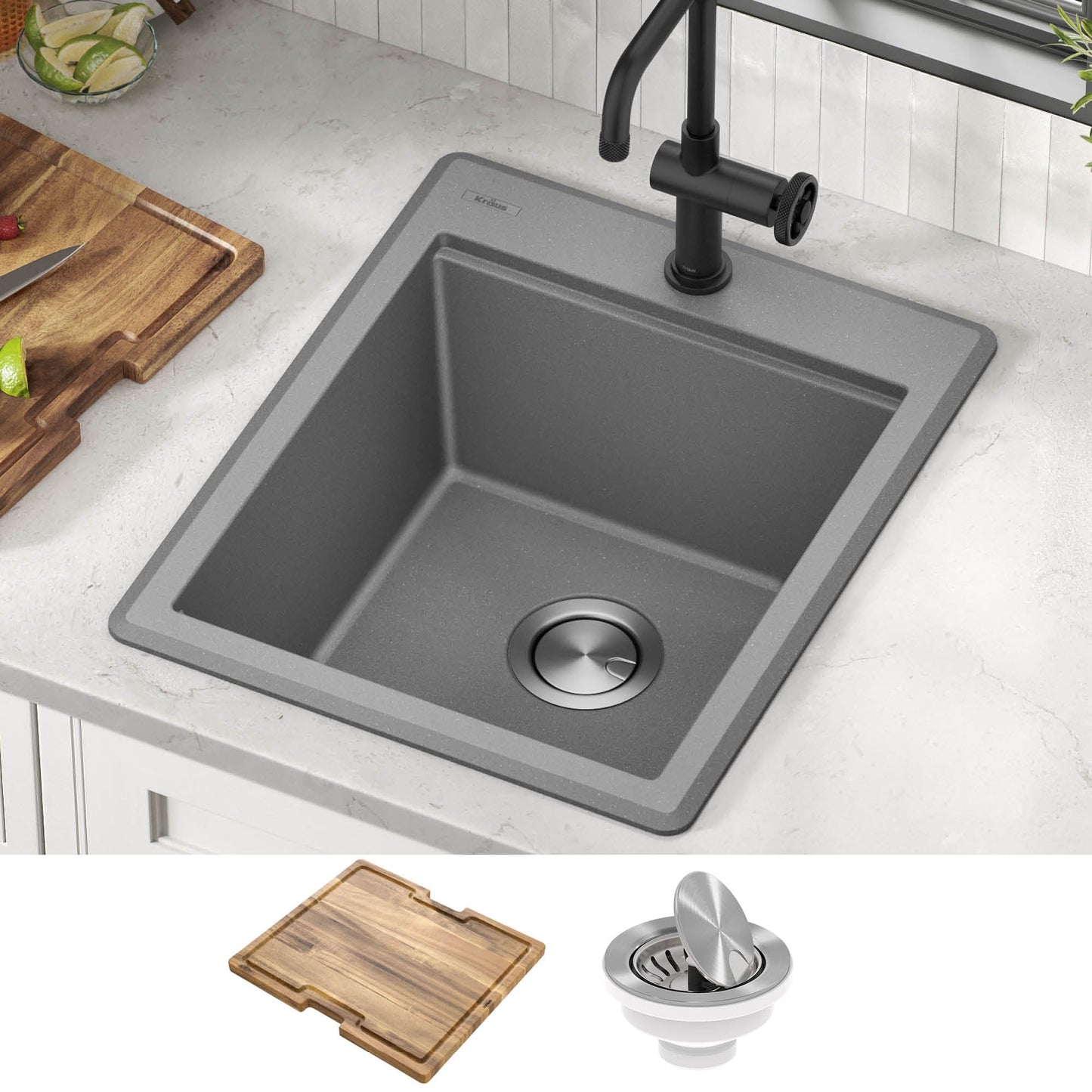KRAUS 18” Drop-In Granite Composite Workstation Kitchen Bar Sink in Metallic Grey - KGTW12-18MGR