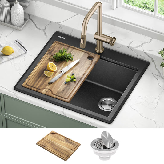 KRAUS 25” Drop-In Granite Composite Workstation Kitchen Sink in Metallic Black