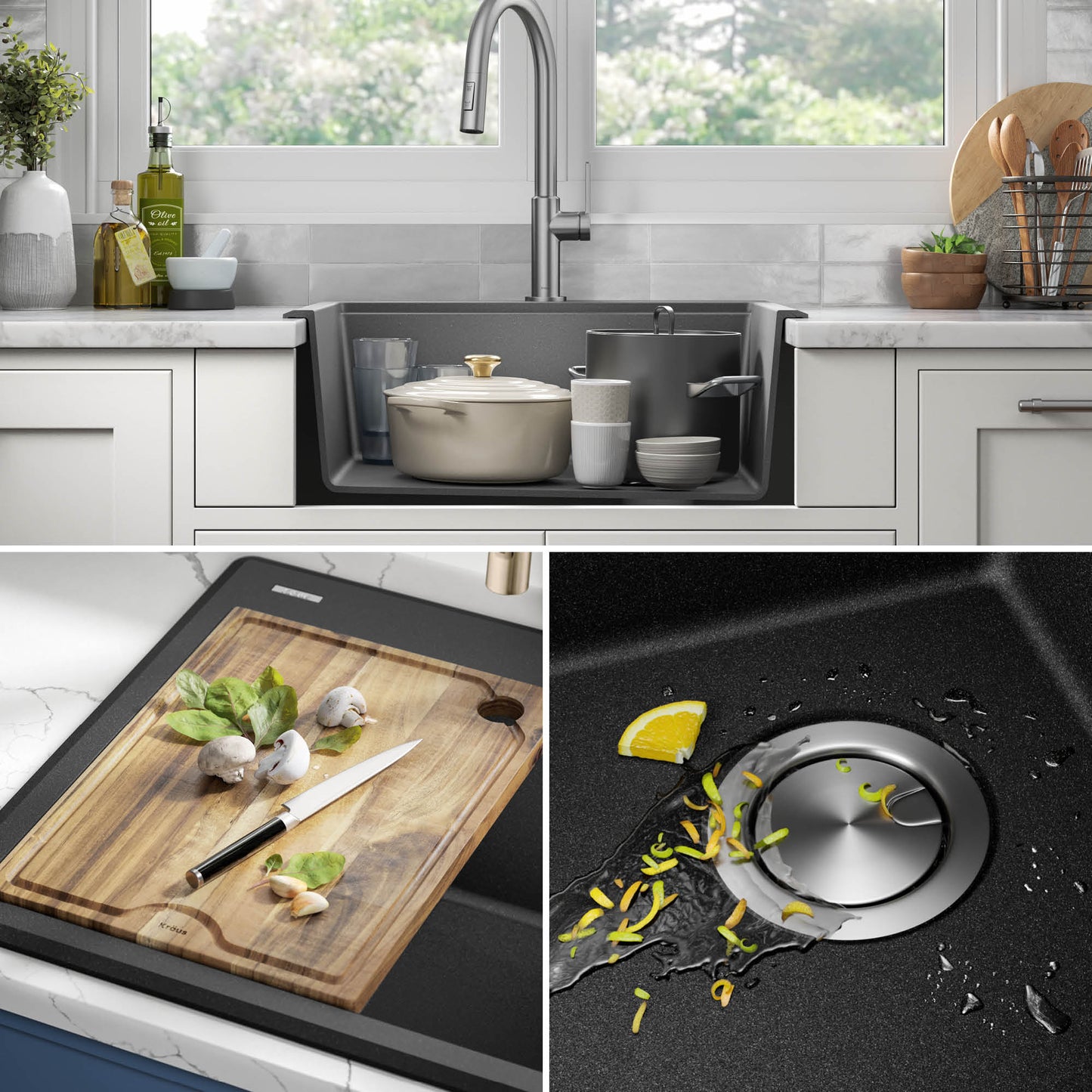 KRAUS 25” Drop-In Granite Composite Workstation Kitchen Sink in Metallic Black