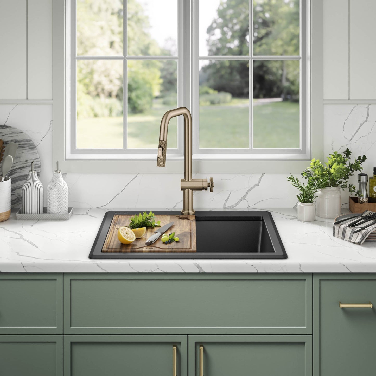 KRAUS 25” Drop-In Granite Composite Workstation Kitchen Sink in Metallic Black