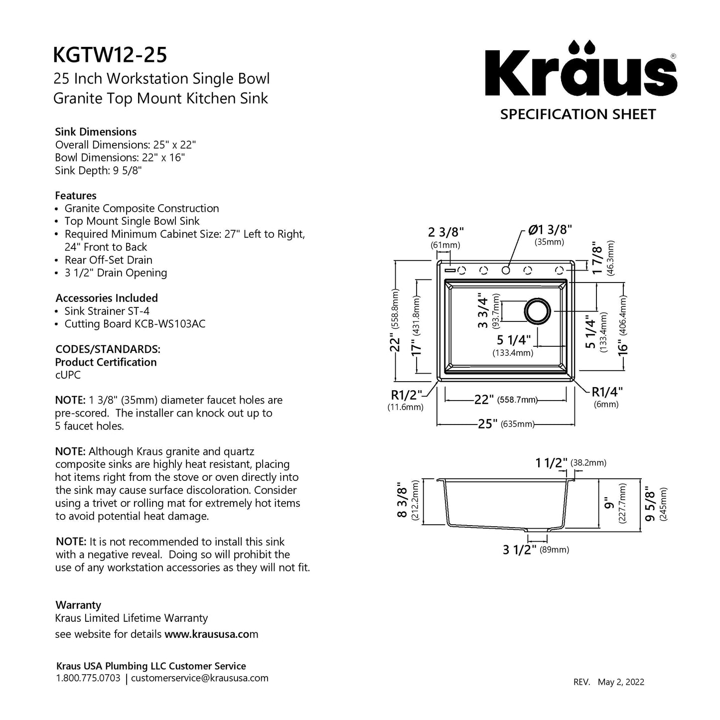 KRAUS 25” Drop-In Granite Composite Workstation Kitchen Sink in Metallic Grey - KGTW12-25MGR