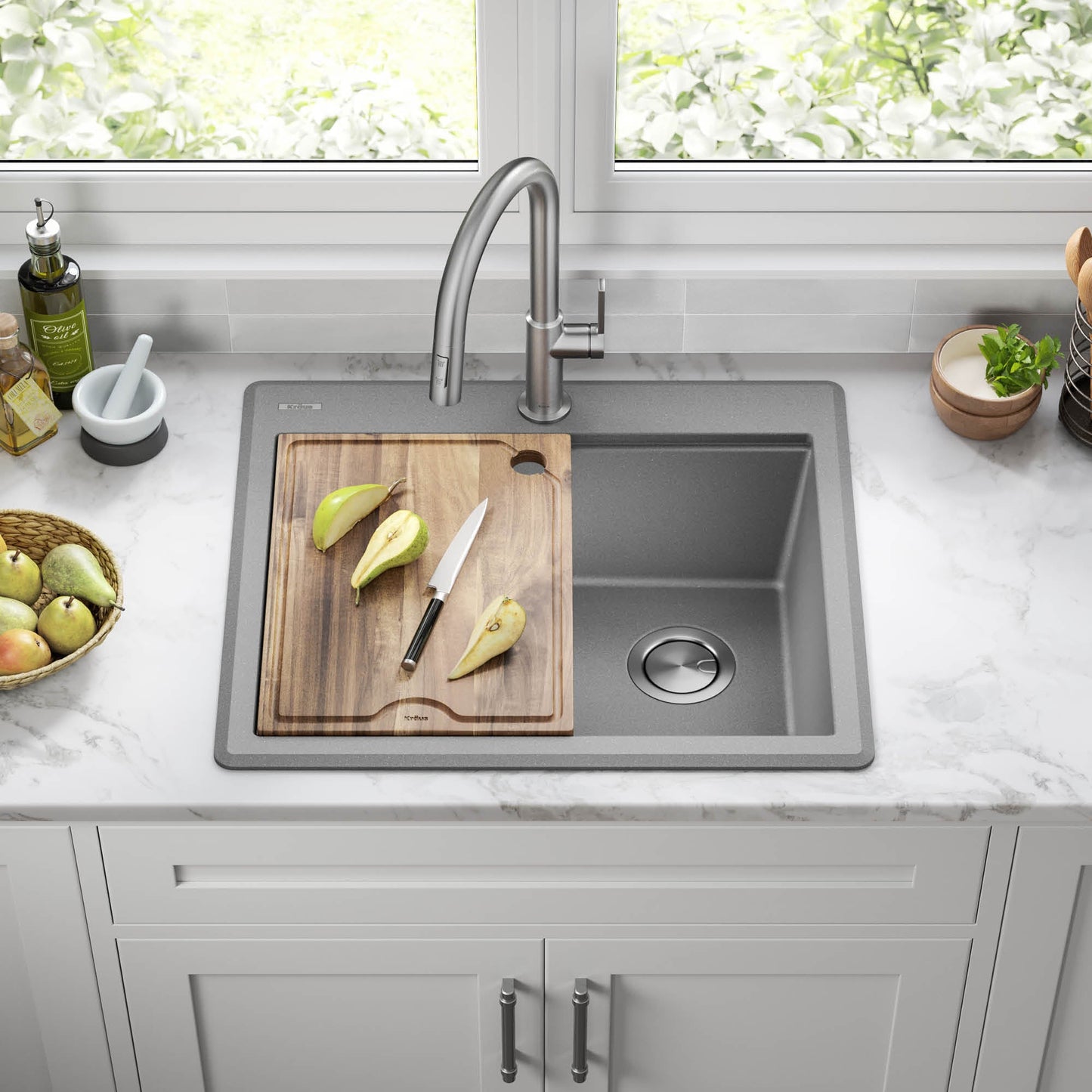 KRAUS 25” Drop-In Granite Composite Workstation Kitchen Sink in Metallic Grey - KGTW12-25MGR