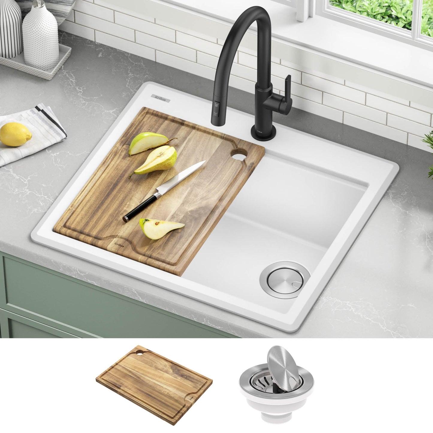 KRAUS 25” Drop-In Granite Composite Workstation Kitchen Sink in White - KGTW12-25WH