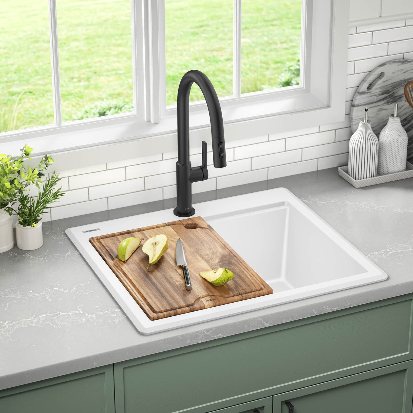KRAUS 25” Drop-In Granite Composite Workstation Kitchen Sink in White - KGTW12-25WH