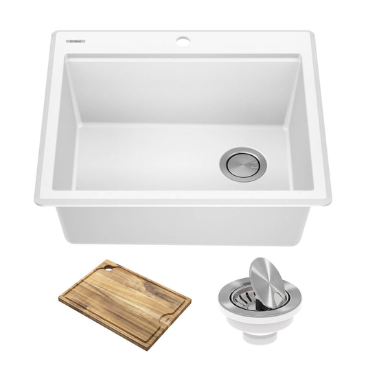 KRAUS 25” Drop-In Granite Composite Workstation Kitchen Sink in White - KGTW12-25WH