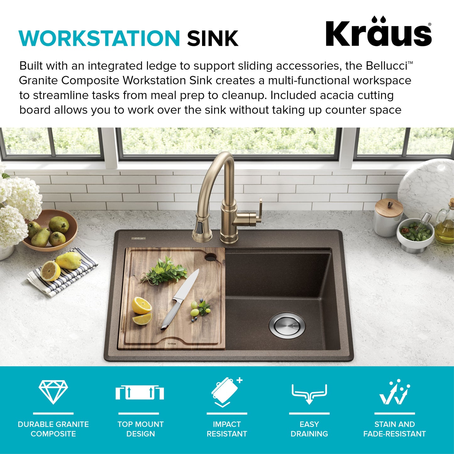 KRAUS 28” Drop-In Granite Composite Workstation Kitchen Sink in Metallic Brown - KGTW12-28MBR