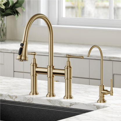 KRAUS Allyn Transitional Bridge Kitchen Faucet & Water Filter Faucet in Brushed Gold